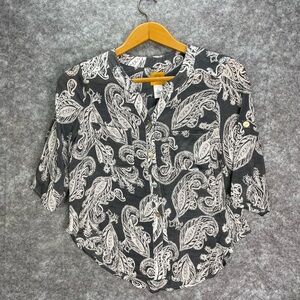 Ruby Rd. Womens Top Petite Large PL Paisley Silky Slub Shirt Blouse Black White